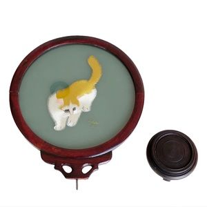 New Vintage Chinese Double-Sided Su Silk Embroidery-Grey & Gold Cat 8” Handmade